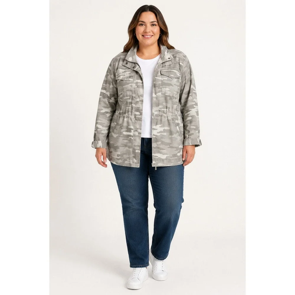 Style & Co Women's 2XL Gray Camo Cotton Utility Jacket Drawstring Waist